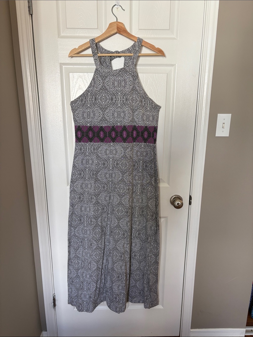 Prana Gray Printed Maxi Dress with Purple Waistband
